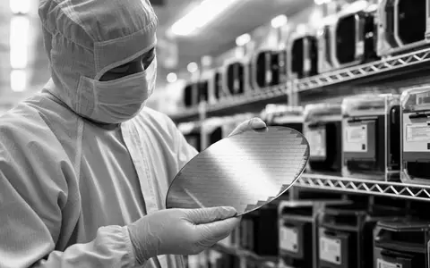 AIXTRON SE DE000A0WMPJ6 Schwarz-Weiß-Reportage eines Ingenieurs beim sorgfältigen Wafer-Handling im sterilen Halbleiter-Reinraum - Foto: THN