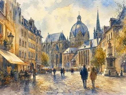 AIXTRON SE DE000A0WMPJ6 Aquarell der Aachener Altstadt mit dem berühmten Dom nahe dem Firmensitz Herzogenrath - Foto: THN