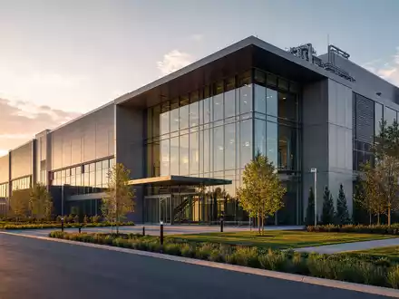 AIXTRON SE DE000A0WMPJ6 CGI-Render einer modernen Halbleiter-Forschungsanlage mit Glasfassade beim goldenen Sonnenuntergang - Foto: THN