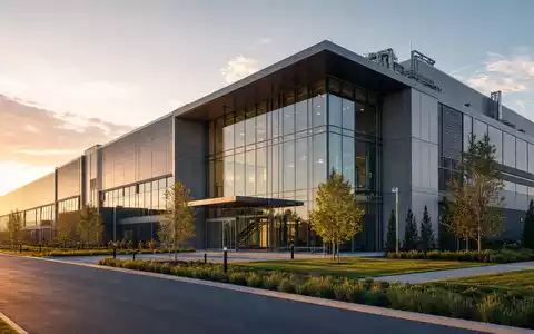 AIXTRON SE DE000A0WMPJ6 CGI-Render einer modernen Halbleiter-Forschungsanlage mit Glasfassade beim goldenen Sonnenuntergang - Foto: THN