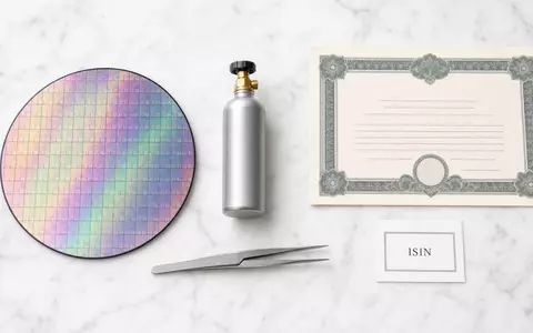 AIXTRON SE DE000A0WMPJ6 Flatlay auf Marmor mit Silizium-Wafer Gasflasche Pinzette Aktienzertifikat und ISIN-Karte - Foto: THN