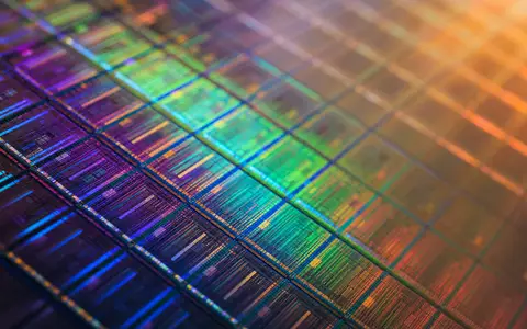 AIXTRON SE DE000A0WMPJ6 Makro-Fotografie der Wafer-Oberfläche mit schillernder Regenbogen-Interferenz in Violett Gold Grün - Foto: THN