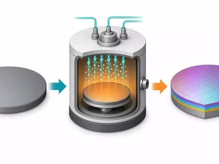 AIXTRON SE DE000A0WMPJ6 isometrische 3D-Illustration der Depositions-Prozesskette von Wafer über Reaktor zum beschichteten Chip - Foto: THN