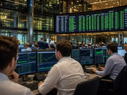 AIXTRON SE DE000A0WMPJ6 Börsen-Editorial zeigt Frankfurter Handelsboden mit Händlern vor grünen Semiconductor-Aktiencharts - Foto: THN