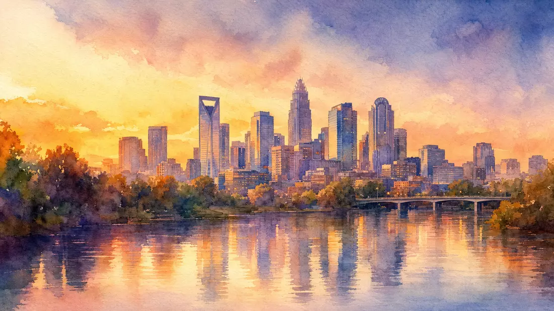 Aquarellmalerei der Charlotte-North-Carolina-Skyline bei goldenem Sonnenuntergang