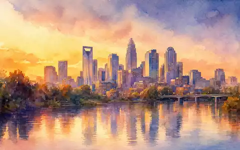 Albemarle Corp. US0126531013 – Aquarell der Charlotte North Carolina Skyline bei goldenem Abendlicht mit Flussreflexionen - Foto: THN