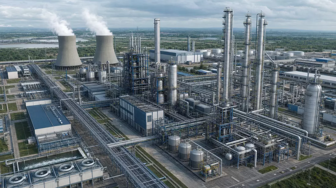 Architektur-Rendering einer großen Chemieanlage mit Destillationskolonnen aus der Luft