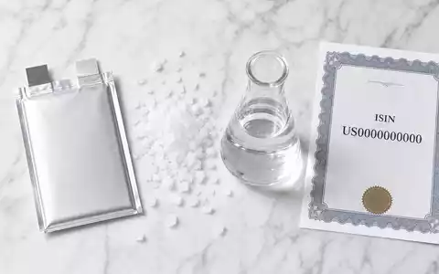 Albemarle Corp. US0126531013 – Flatlay-Produktfoto mit generischer Lithium-Batteriezelle, Salzkristallen, Erlenmeyerkolben und ISIN-Zertifikat - Foto: THN