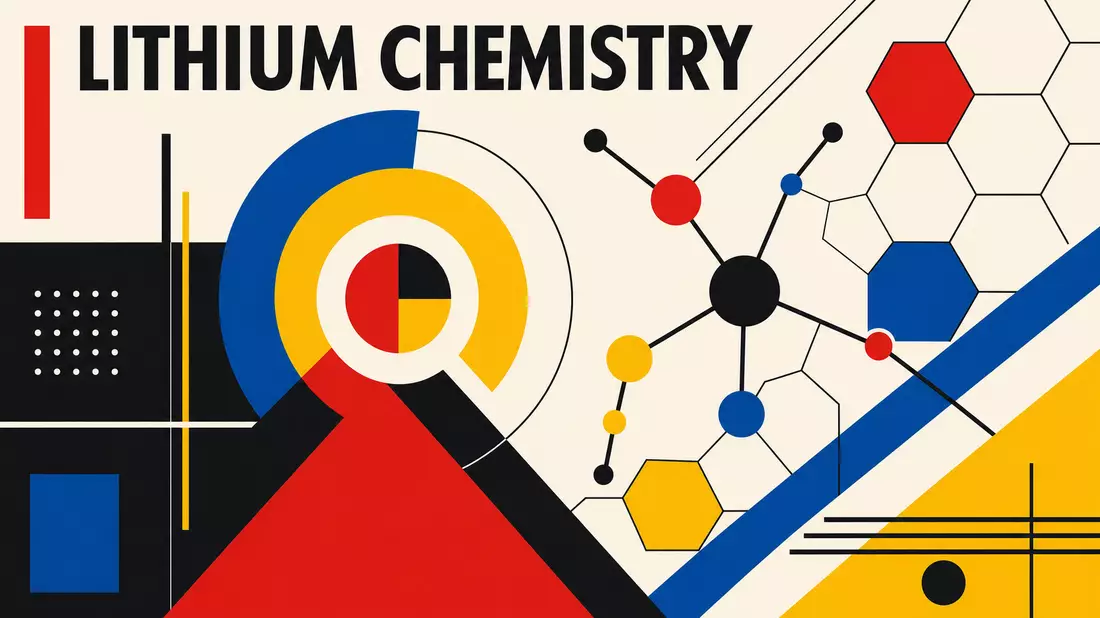 Bauhaus-Poster mit geometrischen Formen in Primärfarben und Text LITHIUM CHEMISTRY