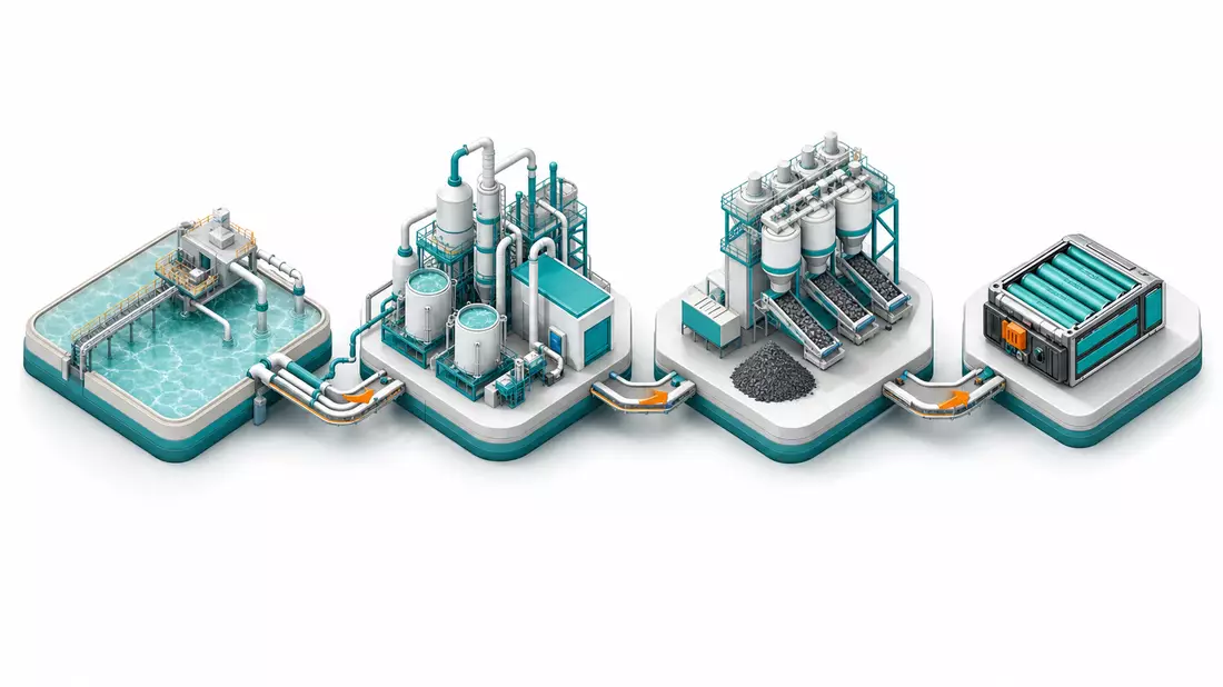 Isometrische 3D-Grafik der Lithium-Lieferkette von Solesee bis Batteriepack