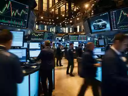 Albemarle Corp. US0126531013 – Börsen-Editorial-Fotografie vom NYSE-Floor mit Kursmonitoren für Materialien- und Elektrofahrzeug-Sektoren - Foto: THN