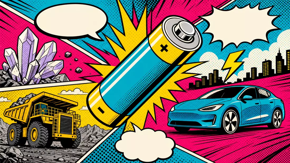 Pop-Art-Comic im Lichtenstein-Stil mit Batterie, Elektroauto und Bergbaufahrzeug