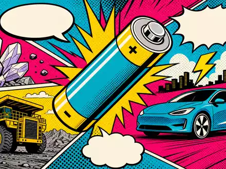 Albemarle Corp. US0126531013 – Pop-Art-Comic-Szene mit stilisierter Batterie, Elektroauto und Lithium-Rohstoffen im Lichtenstein-Stil - Foto: THN