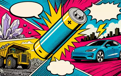 Albemarle Corp. US0126531013 – Pop-Art-Comic-Szene mit stilisierter Batterie, Elektroauto und Lithium-Rohstoffen im Lichtenstein-Stil - Foto: THN