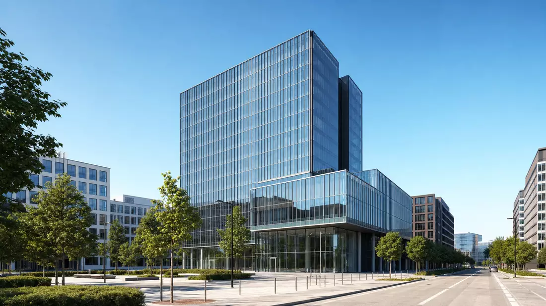 Fotorealistische moderne Glas-Firmenzentrale eines Versicherungskonzerns in Hannover bei Tageslicht