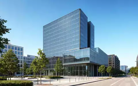 Talanx AG (DE000TLX1005) zeigt fotorealistisch eine moderne Versicherungs-Firmenzentrale mit gläserner Fassade in Hannover - Foto: THN