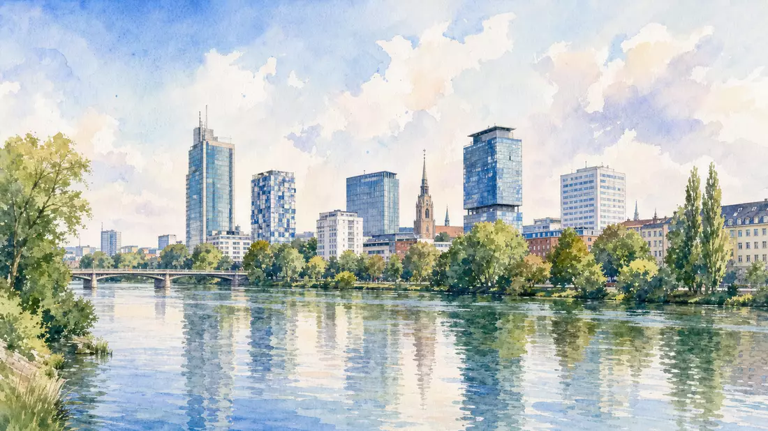 Aquarellmalerei der Hannover Skyline mit Bürotürmen und Fluss in sanften Pastellfarben