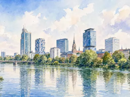 Talanx AG (DE000TLX1005) symbolisiert durch ein Aquarellgemälde der Hannoveraner Skyline mit modernen Bürotürmen - Foto: THN