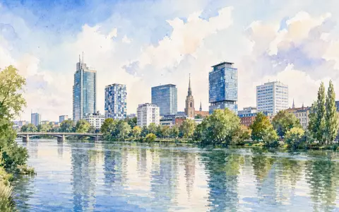 Talanx AG (DE000TLX1005) symbolisiert durch ein Aquarellgemälde der Hannoveraner Skyline mit modernen Bürotürmen - Foto: THN