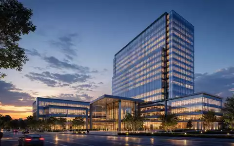 Talanx AG (DE000TLX1005) illustriert durch einen Architektur-Render eines modernen gläsernen Versicherungs-Hochhauses am Abend - Foto: THN
