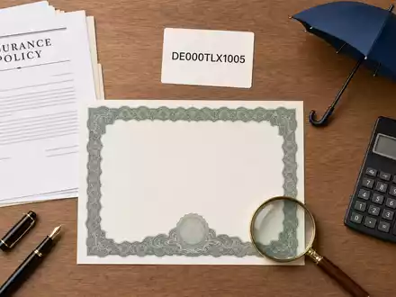 Talanx AG (DE000TLX1005) präsentiert als Flatlay mit Aktienzertifikat, ISIN-Karte und Versicherungsutensilien auf Holztisch - Foto: THN