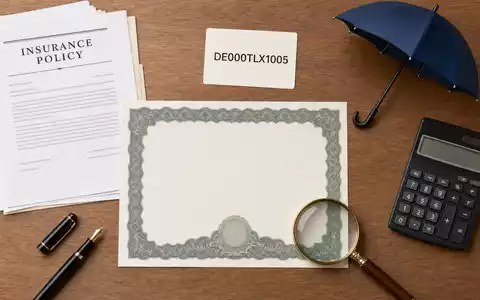 Talanx AG (DE000TLX1005) präsentiert als Flatlay mit Aktienzertifikat, ISIN-Karte und Versicherungsutensilien auf Holztisch - Foto: THN
