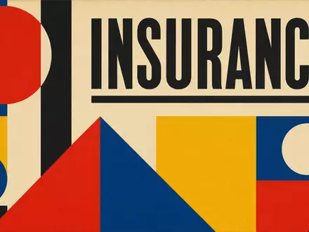 Talanx AG (DE000TLX1005) abstrahiert als geometrisches Bauhaus-Poster mit dem Sektor-Text INSURANCE in kräftigen Farben - Foto: THN