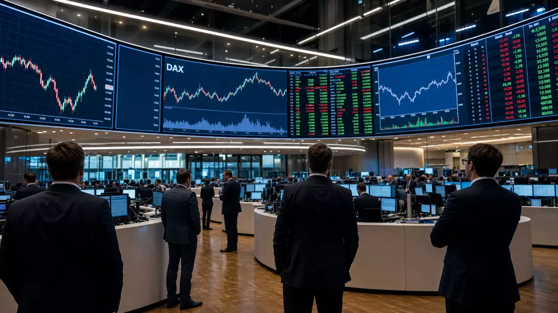 Editorial-Foto vom Frankfurter Börsenparkett mit großen Bildschirmen und Aktiencharts