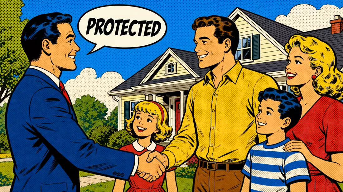 Pop-Art-Comic-Illustration eines Versicherungsvertreters beim Handschlag mit einer lächelnden Familie