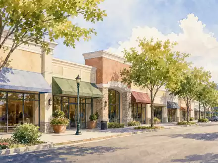 Aquarellmalerei zeigt vorstädtische Einkaufsmeile passend zum Geschäftsmodell von Target Corp., ISIN US87612E1064, in warmen Pastelltönen - Foto: THN