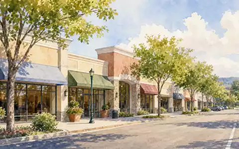 Aquarellmalerei zeigt vorstädtische Einkaufsmeile passend zum Geschäftsmodell von Target Corp., ISIN US87612E1064, in warmen Pastelltönen - Foto: THN