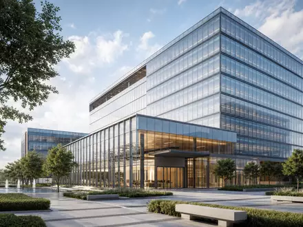 Architektur-Render visualisiert moderne Firmenzentrale im Stil von Target Corp., ISIN US87612E1064, mit Glasfassade und Grünanlage - Foto: THN