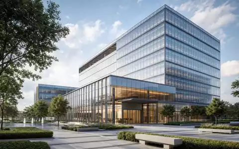 Architektur-Render visualisiert moderne Firmenzentrale im Stil von Target Corp., ISIN US87612E1064, mit Glasfassade und Grünanlage - Foto: THN