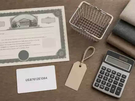 Flatlay-Arrangement kombiniert Aktienzertifikat und ISIN-Karte mit Einzelhandelsutensilien und repräsentiert Target Corp., ISIN US87612E1064, symbolisch - Foto: THN