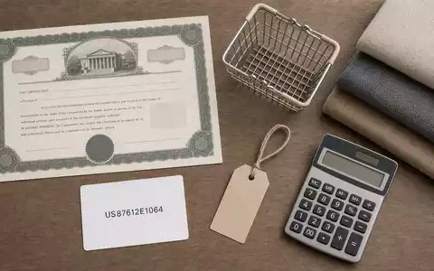 Flatlay-Arrangement kombiniert Aktienzertifikat und ISIN-Karte mit Einzelhandelsutensilien und repräsentiert Target Corp., ISIN US87612E1064, symbolisch - Foto: THN