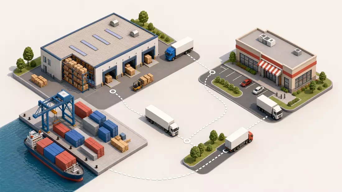 Isometrische 3D-Illustration von Lagerhalle, Lastwagen, Hafen und Ladengeschäft