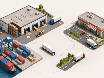 Isometrische 3D-Grafik stellt Lieferkette und Distributionsprozess dar, typisch für Target Corp., ISIN US87612E1064, im Einzelhandel - Foto: THN