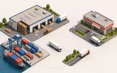 Isometrische 3D-Grafik stellt Lieferkette und Distributionsprozess dar, typisch für Target Corp., ISIN US87612E1064, im Einzelhandel - Foto: THN