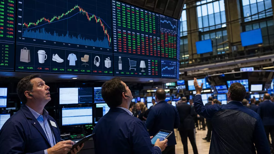 Trading-Floor mit Händlern vor großen Bildschirmen mit Einzelhandels-Aktiencharts
