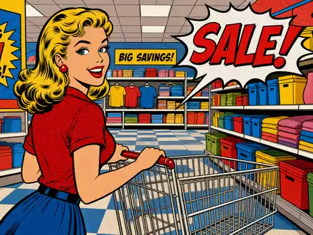 Pop-Art-Comic zeigt fröhliche Kundin mit Einkaufswagen im Geschäft, symbolisch für Target Corp., ISIN US87612E1064 - Foto: THN