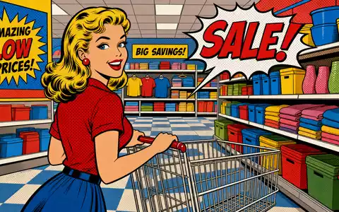 Pop-Art-Comic zeigt fröhliche Kundin mit Einkaufswagen im Geschäft, symbolisch für Target Corp., ISIN US87612E1064 - Foto: THN