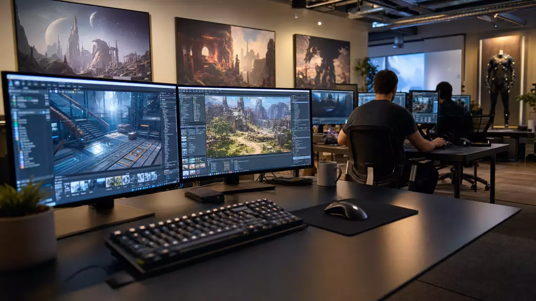 Fotorealistisches Bild eines Gaming-Studios mit Entwicklern an Arbeitsplätzen