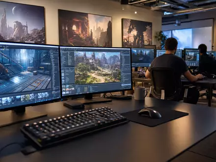 Fotorealistisches Studiobüro symbolisiert Take-Two Interactive US8740541094, Entwickler an Multi-Monitor-Arbeitsplätzen mit generischer Spielsoftware - Foto: THN