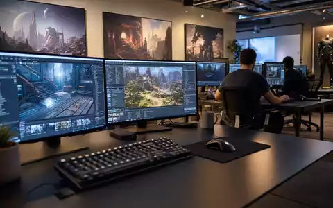 Fotorealistisches Studiobüro symbolisiert Take-Two Interactive US8740541094, Entwickler an Multi-Monitor-Arbeitsplätzen mit generischer Spielsoftware - Foto: THN