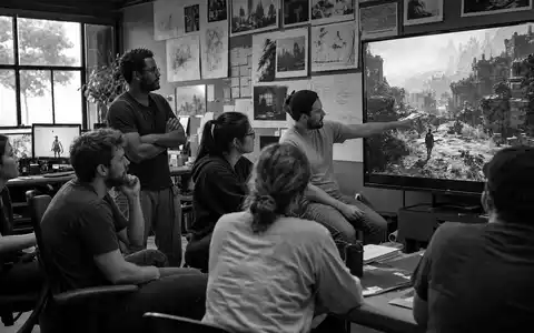 Schwarzweiß-Reportage zeigt Take-Two Interactive US8740541094 nahe Teamsitzung, Entwickler betrachten unbenannte Open-World-Spielszene gemeinsam - Foto: THN