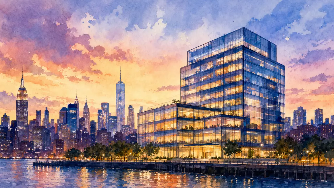 Aquarellbild eines Bürogebäudes vor der Skyline von New York bei Sonnenuntergang