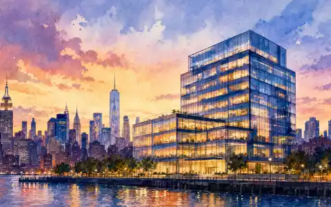Aquarellmalerei einer Firmenzentrale symbolisiert Take-Two Interactive US8740541094, gläserner Turm vor New Yorker Skyline bei Abenddämmerung - Foto: THN
