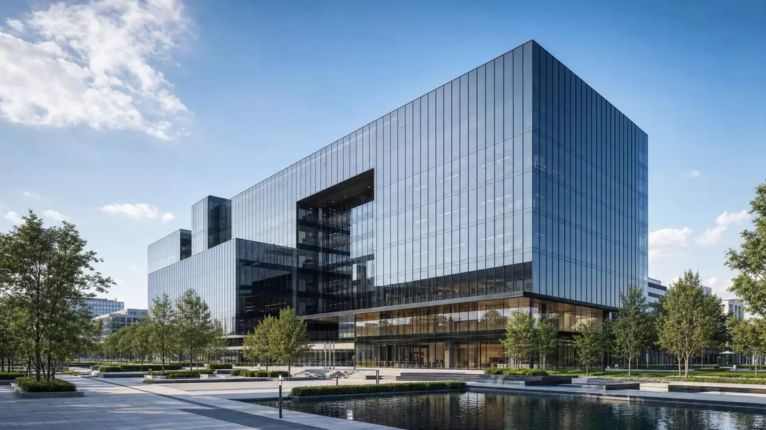 3D-Architekturvisualisierung eines gläsernen modernen Bürohochhauses am Tag
