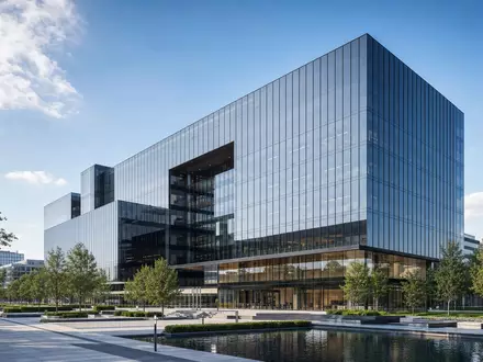 Architektur-Render eines modernen Bürohochhauses repräsentiert Take-Two Interactive US8740541094, gläserne Fassade mit Grünanlage und Wasserbecken davor - Foto: THN