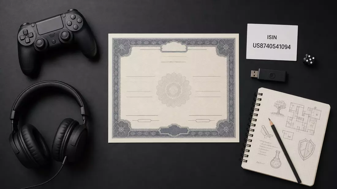 Flatlay-Foto mit Aktienzertifikat, ISIN-Karte, Controller und Kopfhörer